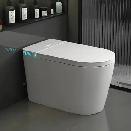 Modern gray toilet in a bathroom setting with shelves in the background