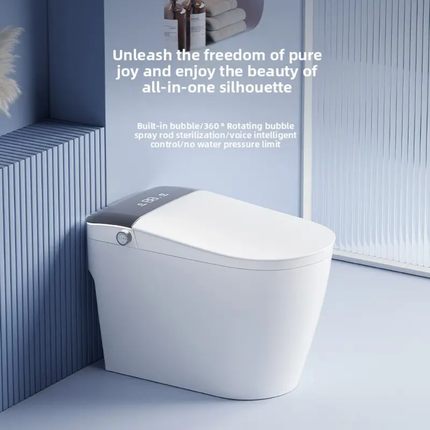 Modern toilet with text highlighting features in a bathroom setting