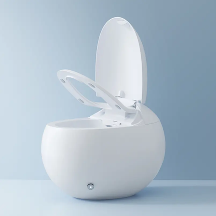 White toilet seat with open lid on a light blue background