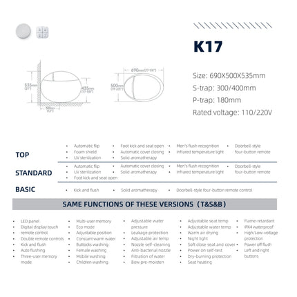 Technical specifications and features of a bathroom fixture labeled K17 on a white background.