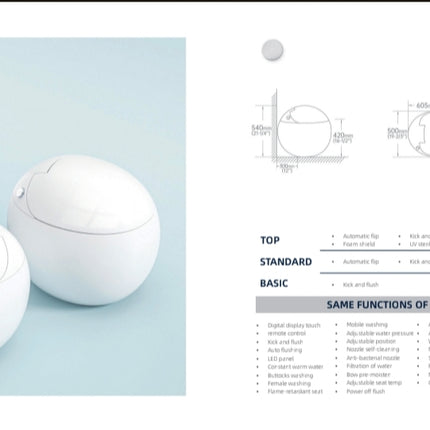 White spherical objects on a light blue background with technical specifications on the right.