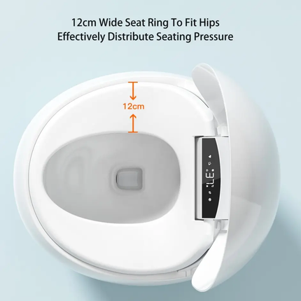White electronic device with a 12cm wide seat ring on a light blue background