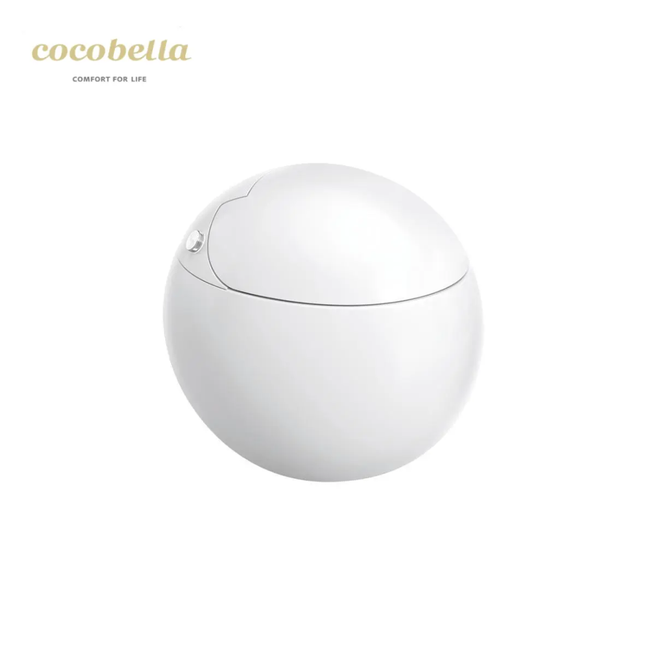 White spherical product with a lid on a white background, featuring the brand 'cocobella'.