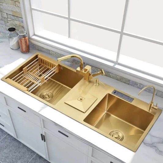 Kitchen Sink Gold Countertop Vessel Double Hand Wash Basin Golden-Plated Stainless Steel Bathroom & Kitchen