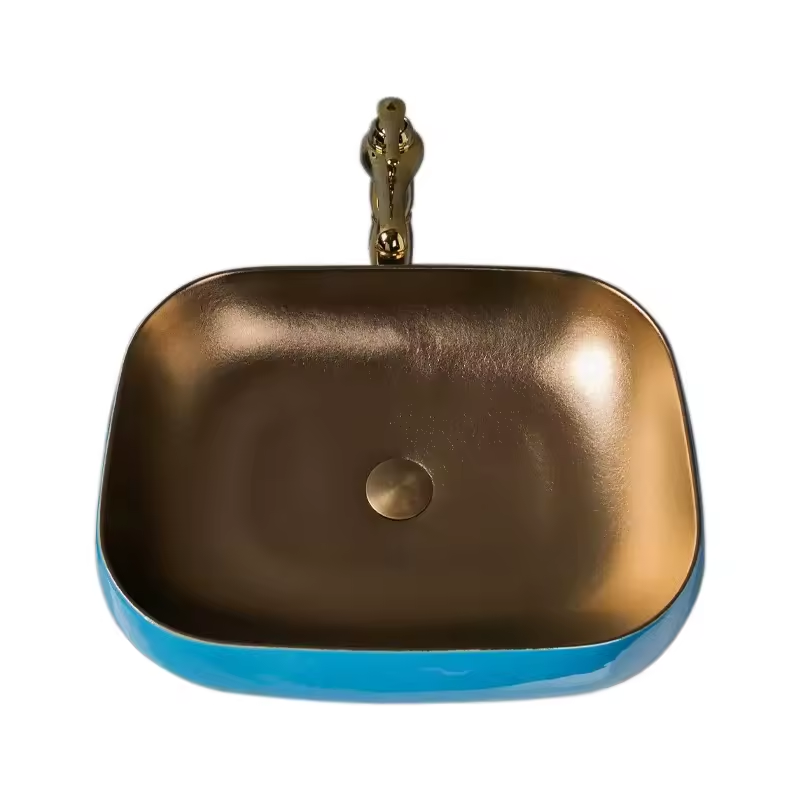 Blue and Gold Porcelain Countertop Bathroom Art Hand Wash