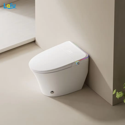 Modern toilet bowl in a bathroom setting with a neutral color scheme