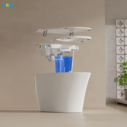 White ceiling-mounted shower head system with a beige wall and plant in the background