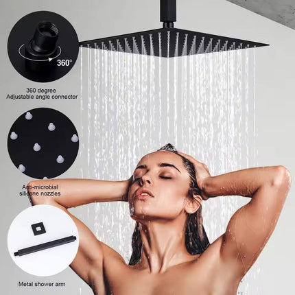 Person showering with a black shower head, highlighting features like adjustable angle, anti-microbial nozzles, and metal arm.