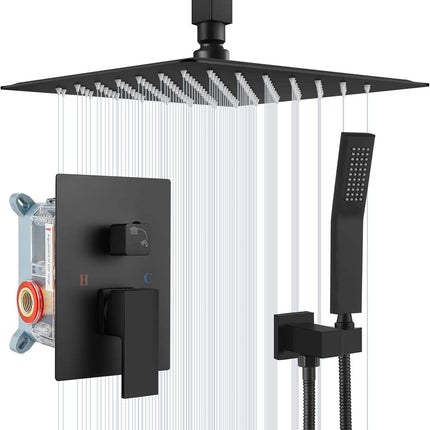 Black shower head with control panel and handheld shower on a white background