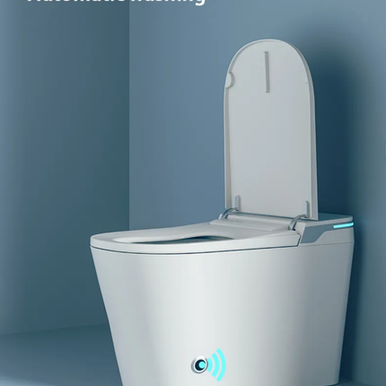 Modern toilet with automatic flushing feature on a blue background