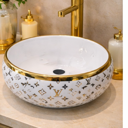 Pattern Basin Sink Gold White Electroplated Tabletop High Grade Porcelain Sink