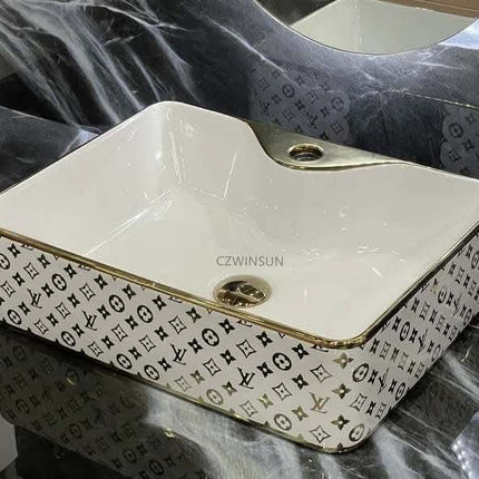 White Gold Luxury LV Style Porcelain Countertop Bathroom Basin
