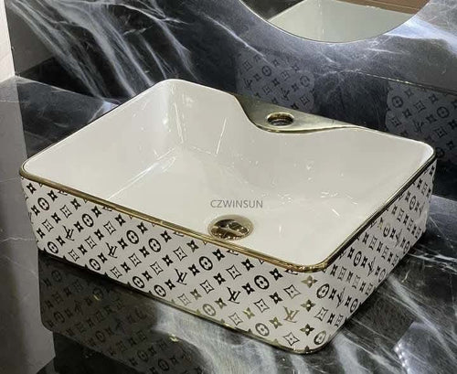 White Gold Luxury LV Style Porcelain Countertop Bathroom Basin
