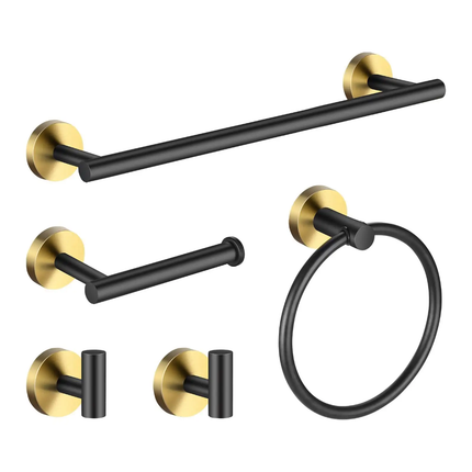 Bathroom accessory set with black and gold fixtures on a white background