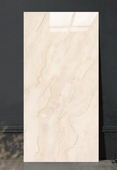 Beige ceramic tile with marble-like texture on a dark background