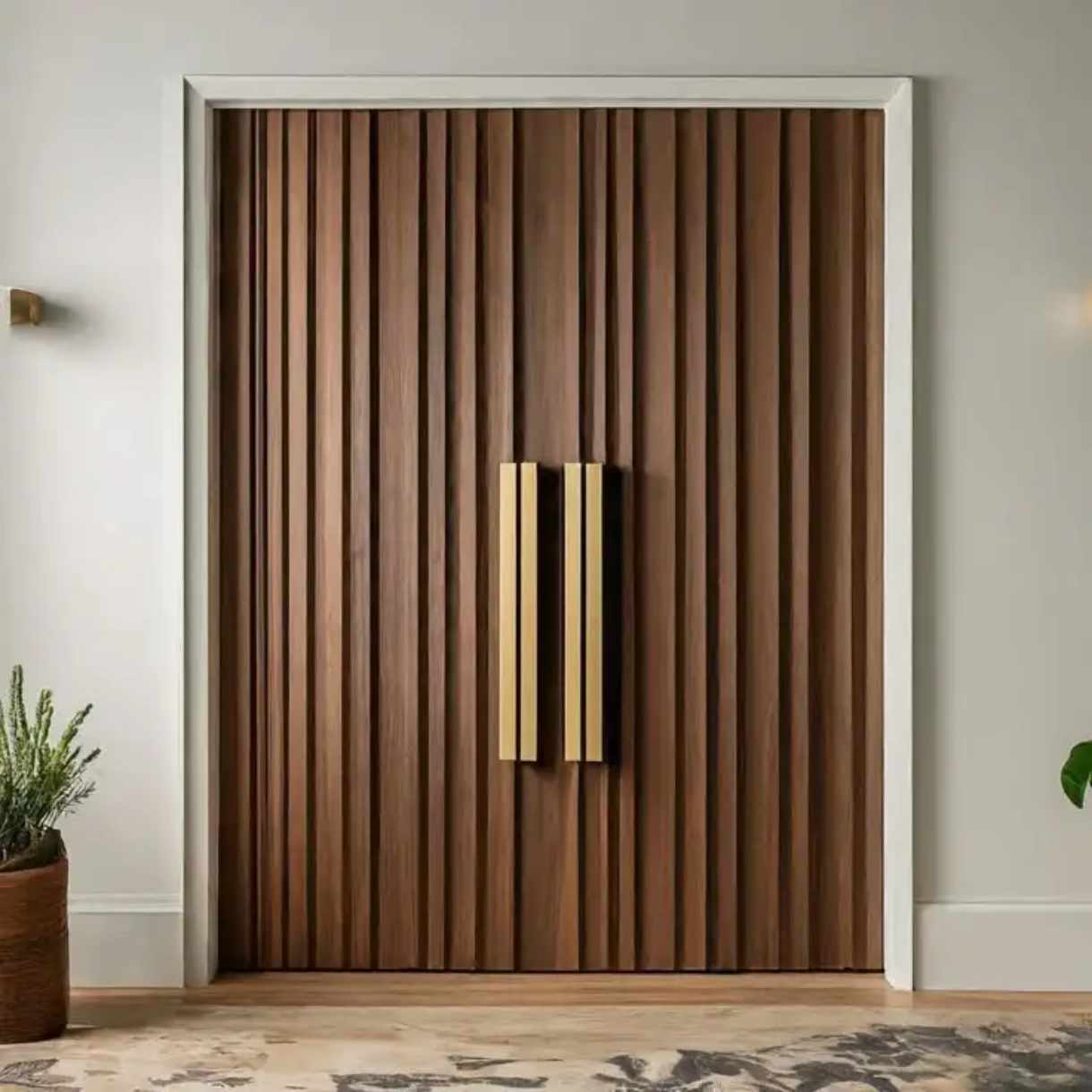 Custom-size brown solid wood flush door with gold handle, water-resistant and sound-insulating for modern interior spaces