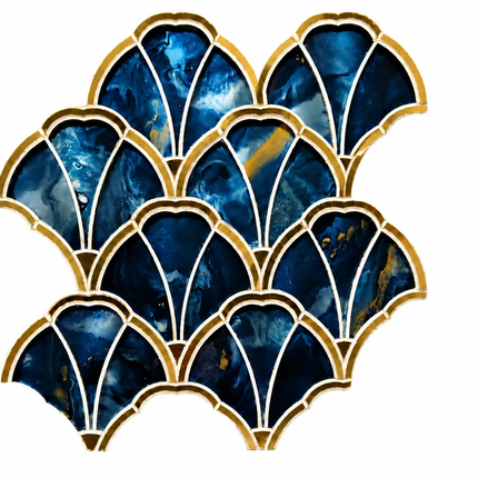 A set of decorative scalloped fan-shaped tiles with a blue marbled pattern and gold borders, arranged in a stacked fan pattern on a white background.