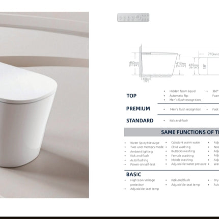 White bidet with technical specifications on a gray background