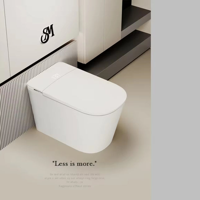 Modern white toilet in a minimalistic bathroom setting with 'Less is more' text.