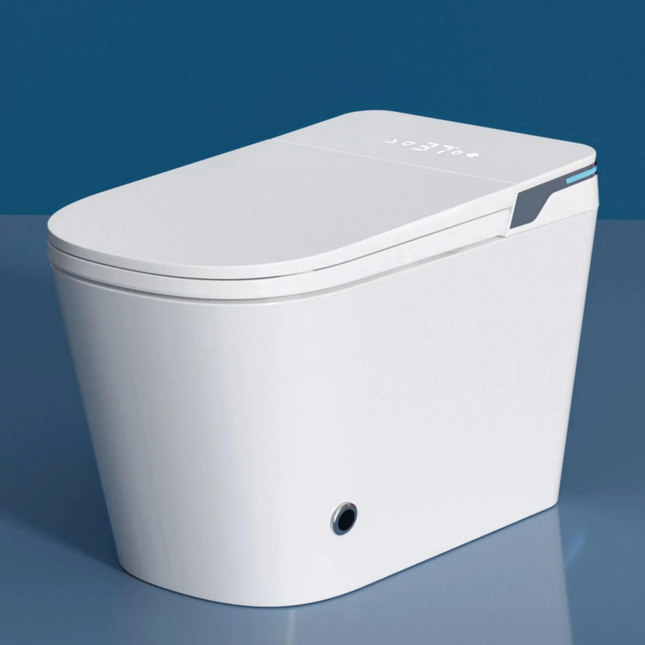White toilet bowl with a blue background