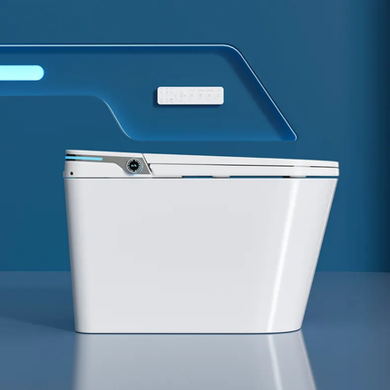 Modern white toilet against a blue background