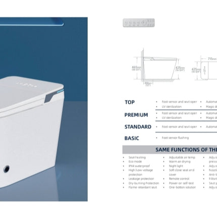 White toilet bowl with specifications on a blue background