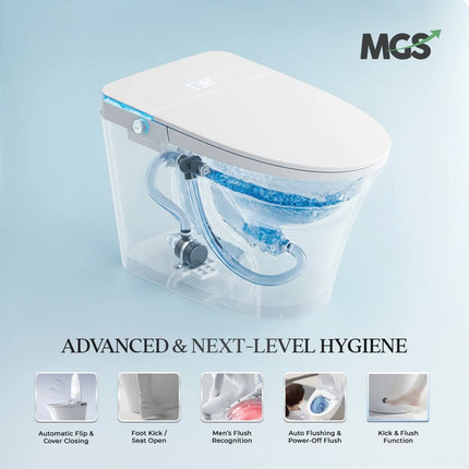 MGS toilet cistern with advanced features on a light blue background