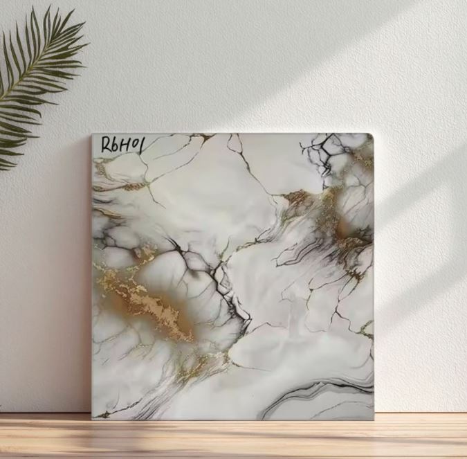 60x60 cm modern electroplated porcelain tile with marble-inspired design, featuring white and gray veining and glossy finish for interior walls and floors