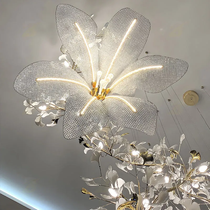 Decorative chandelier with floral design on a ceiling
