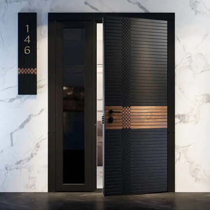 Modern black door with wooden accents and house number 146 on a marble wall.