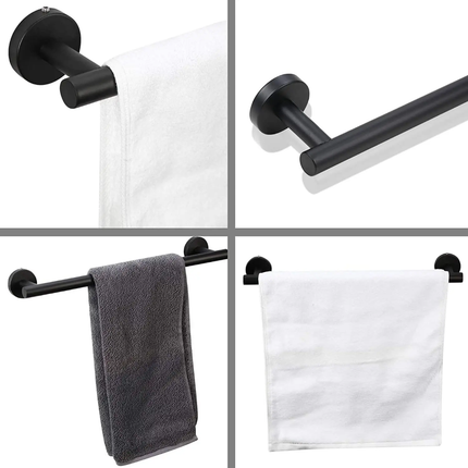 Black towel bar with white, gray, and black towels on a white background