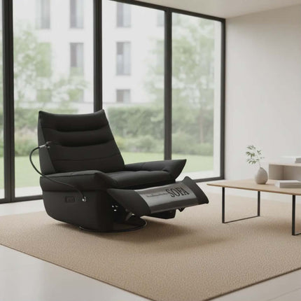 Contemporary Mid-Century Inspired Ergonomic Tiered-Cushion Pedestal Swivel Power Motion Reclining Lounge Chair
