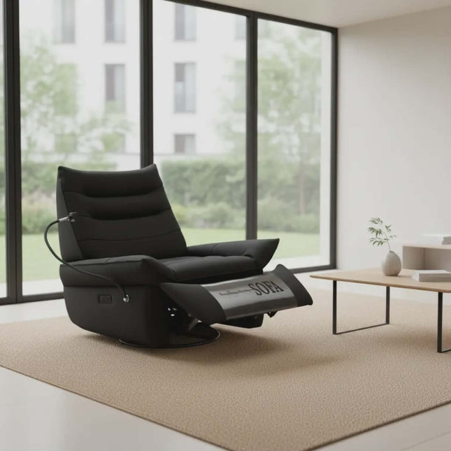 Contemporary Mid-Century Inspired Ergonomic Tiered-Cushion Pedestal Swivel Power Motion Reclining Lounge Chair