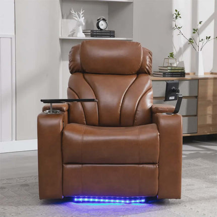 Grand Comfort Masterpiece Ergonomic Design Leather Recliner with Integrated LED Lights, Cup Holders and Accessory Stand