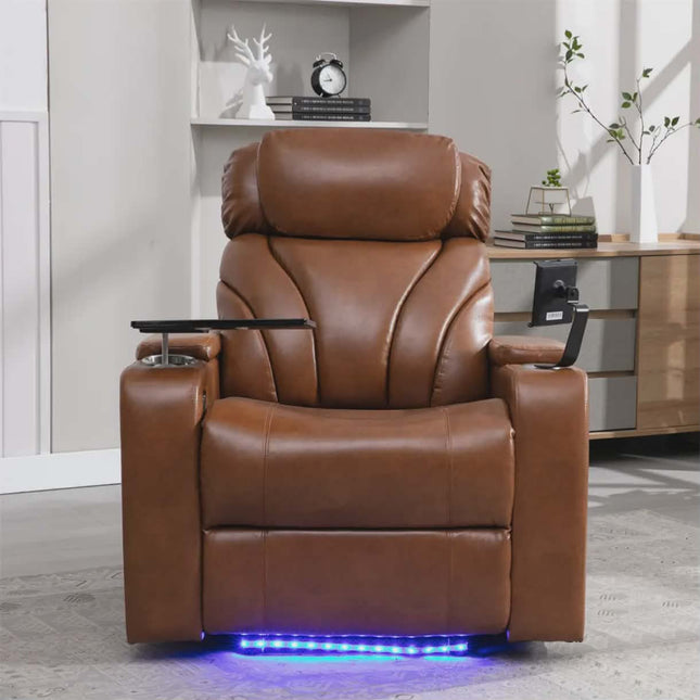 Grand Comfort Masterpiece Ergonomic Design Leather Recliner with Integrated LED Lights, Cup Holders and Accessory Stand