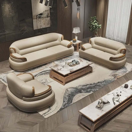 Imperial Comfort Series Deluxe Cream Leather Furniture with Elegant Wooden Frame and Center Table