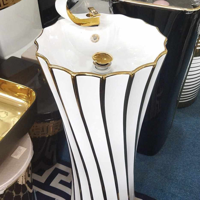 Pedestal Stand Alone White Gold Basin Sink Electroplated