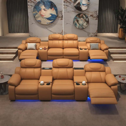Supreme Grand Caramel Leather Multi-Reclining LED VIP Home Cinema Sofa Lounge