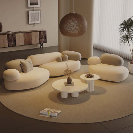 Organic Modernist Oasis Sculptural Cream Upholstered Modular Seating Arrangement with Artisanal Rattan Pendant Illumination