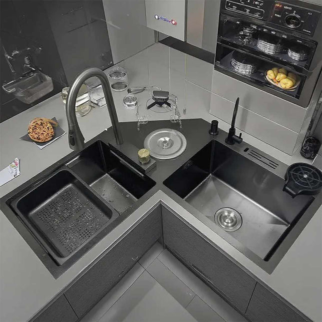 Modern Handmade Kitchen Sink Corner Wash Basin Black Nano Multi Functional