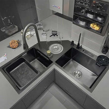 Cargar imagen en el visor de la galería, Modern Handmade Kitchen Sink Corner Wash Basin Black Nano Multi Functional
