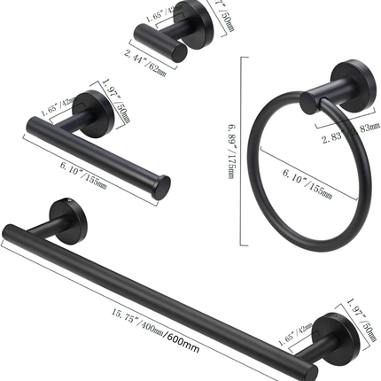 Black bathroom hardware set with dimensions on a white background