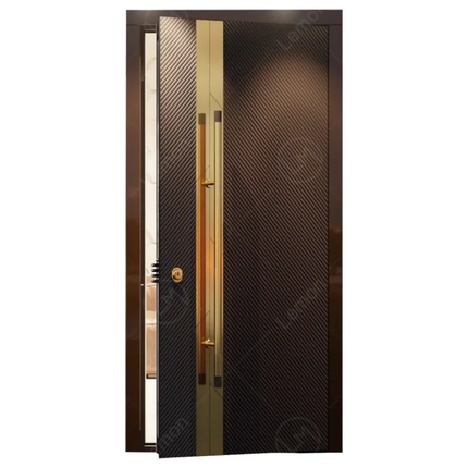 Black metal door with gold handle on a white background