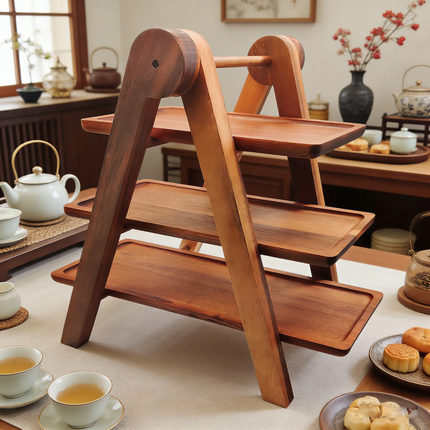 A three-tier wooden tea serving rack with a warm reddish-brown finish, styled in a traditional tea room setting with teapots, cups of tea, and pastries.