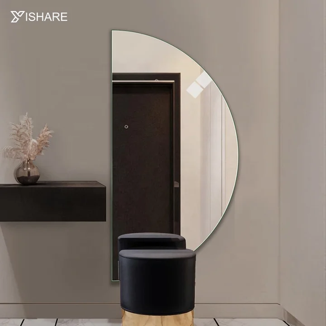 A tri-color LED light mirror with a moon shape and a touch screen, displayed in a home environment.