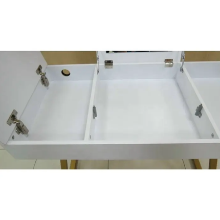 White vanity or desk drawer unit with two open lower drawers and visible metal hinges, shown against a light neutral background.