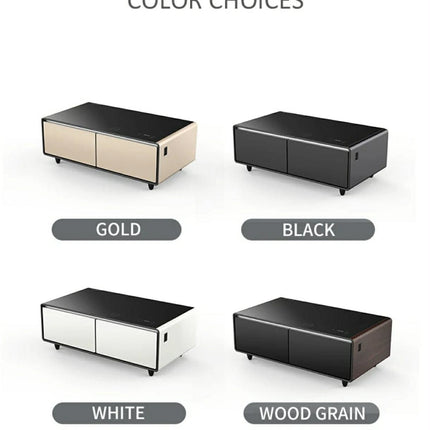 Color options for a piece of furniture including gold, black, white, and wood grain.