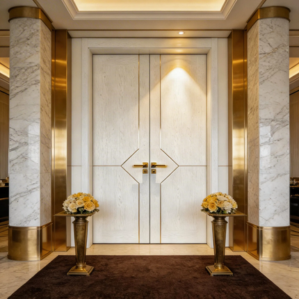 Luxurious interior with marble columns, gold accents, and a white door.