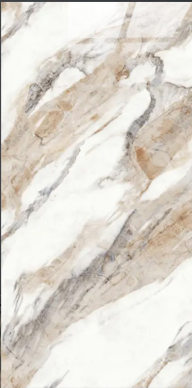Close-up of marble-like tile with beige and gray patterns