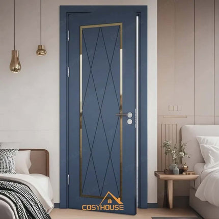 Blue door with geometric design in a bedroom setting, featuring the Cosyhouse brand.